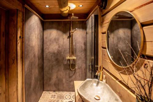 特吕西尔ElveRo Lodge的一间带水槽和镜子的浴室