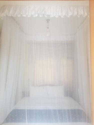 姆巴拉拉Spannet Suites的卧室配有白色床和白色窗帘