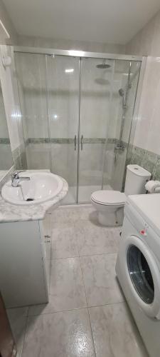 波多诺伏Apartamentos Corea的一间带水槽、卫生间和淋浴的浴室