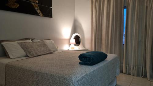 锡诺普Apartamento Confortável e Espaçoso的一间卧室配有一张带蓝色枕头的床