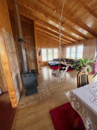 卡斯特鲁Los Dudys的木屋内的客厅配有吊床