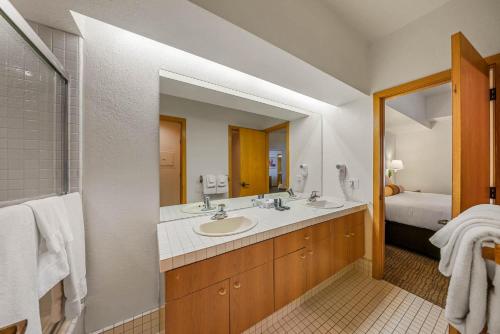 奥林匹克谷One Bedroom #101的一间带两个盥洗盆和大镜子的浴室