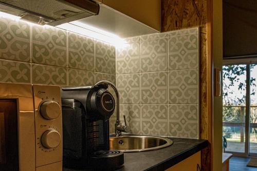 卡纳斯·德·塞尤里Manteiros Glamping的厨房配有水槽和咖啡壶