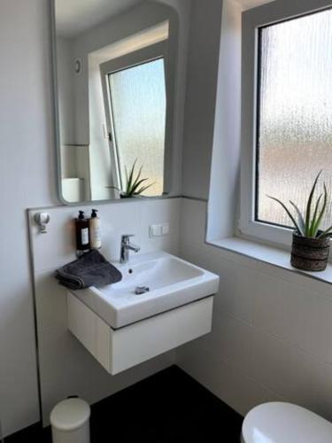奥伯豪森Wohnung am CentrO!的白色的浴室设有水槽和窗户。