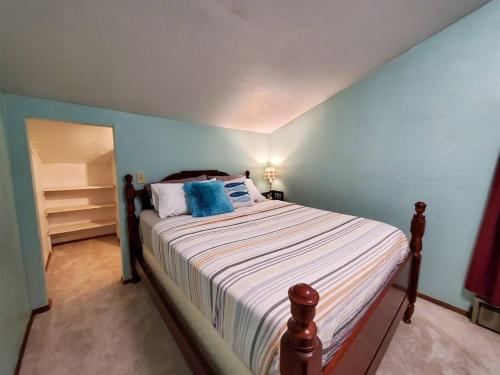 朱诺Juneau Cabin near Eaglecrest & Trails的一间卧室配有一张带蓝色墙壁的大床