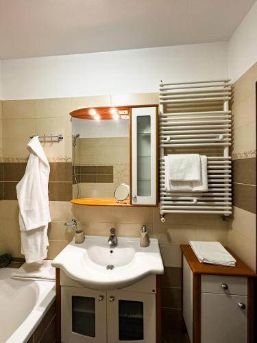 勒德乌齐Adonis Oasis Rădăuți的浴室配有盥洗盆、镜子和浴缸