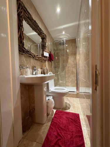 格拉斯哥West Highland Way Hotel的一间带水槽、卫生间和淋浴的浴室