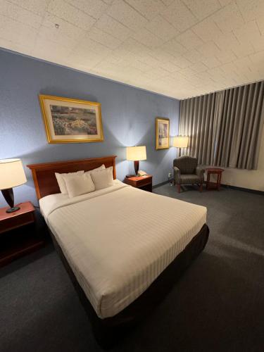 弗雷德里克弗雷德里克活动中心克拉丽奥酒店的一间卧室配有一张床、两盏灯和一把椅子