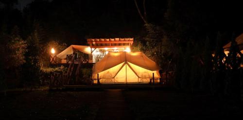香取市THE FARM Resort Japan的夜晚在黑暗中点燃帐篷