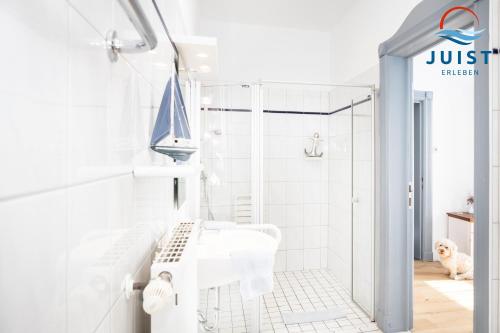 于斯德Pension Marie Luise 252 - Zimmer Venusmuschel的带淋浴和盥洗盆的白色浴室
