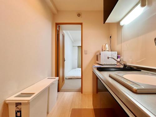 东京Skyterrace Love Asakusa Downtown的一间带水槽和微波炉的浴室