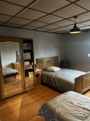 萨尔格米纳LA MARIEFACTURE - Comme du Bon Vin的一间卧室设有两张床和书架