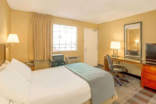 银泉银泉旅者酒店的酒店客房配有一张床、一张书桌和一台电视。