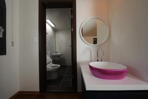 扶余Park Art Villas的一间带紫色水槽和镜子的浴室