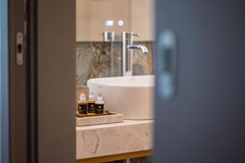 希欧福克蓝色高级酒店的浴室柜台设有水槽和白色水槽。
