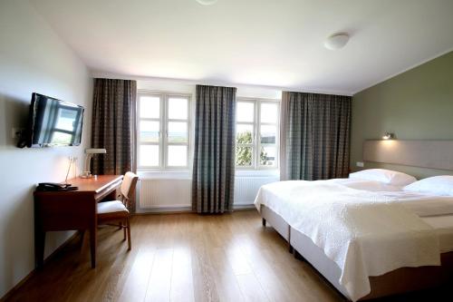 埃基斯蒂尔埃基斯蒂尔湖滨酒店的一间卧室配有一张床、一张书桌和一台电视