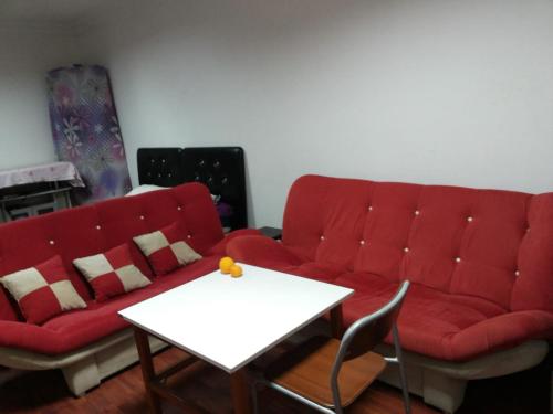 安塔利亚ROOMS AND APARTMENTS center of Antalya, beach, old town的客厅配有红色的沙发和桌子