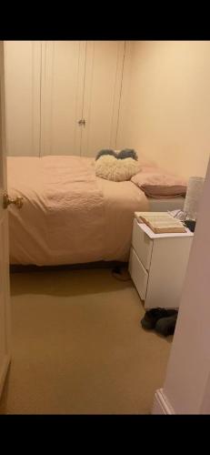 伦敦Double bedroom in chelsea的一间小卧室,配有床和床头柜