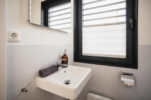 佩讷明德Hausboot Paradise - LP9的白色的浴室设有水槽和镜子