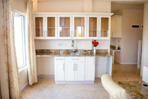 金斯敦La Cresta的厨房配有白色橱柜和水槽