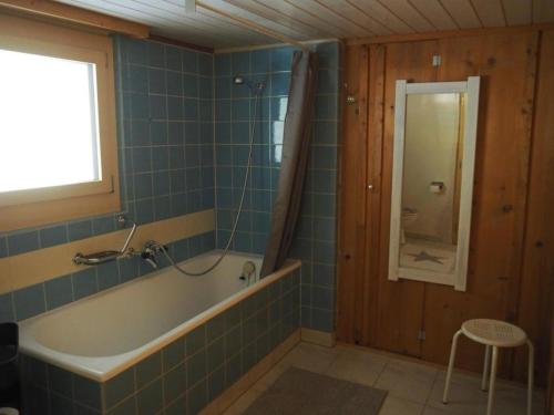 迈林根Appartement Gmeindmatte的蓝色瓷砖浴室设有浴缸和窗户。