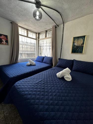 危地马拉CASA MAGNOLIA的卧室设有两张床铺,配有蓝色床单