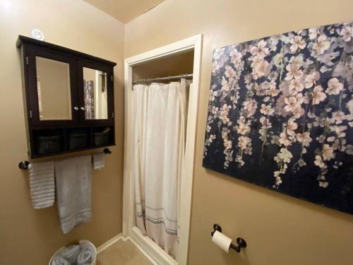 班德拉The Overlook~Bandera, TX的浴室墙上挂着一幅鲜花