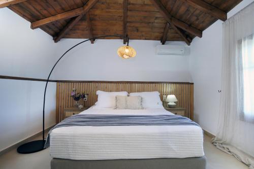 DrymonGeorgia Villas的一间卧室配有一张大床和落地灯