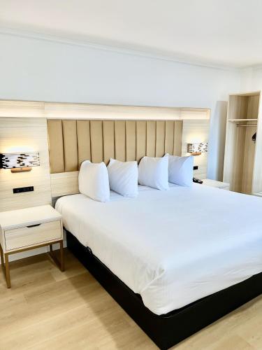 旧金山弗朗西斯科湾旅馆的卧室配有一张带白色床单和枕头的大床。