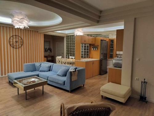 纳夫普利翁Achilles Apartment的一间带蓝色沙发的客厅和一间厨房