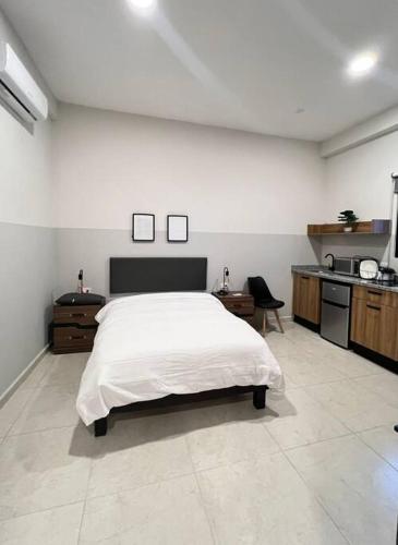 比亚埃尔莫萨Lofts的一间带白色床的卧室和一间厨房