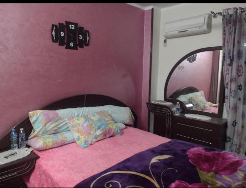 开罗شقه قريبه من الاهرامات والمتحف的粉红色的卧室配有床和镜子