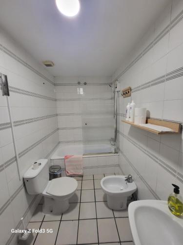 格拉纳达Habitacion muy céntrica.的白色的浴室设有卫生间和水槽。