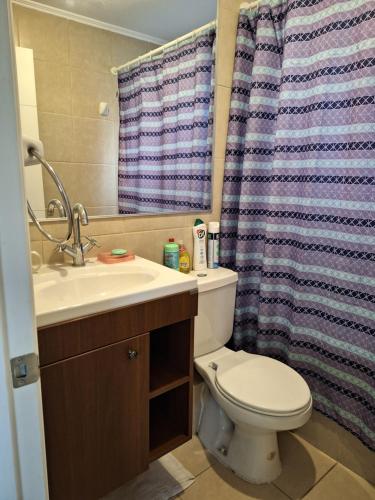 拉塞雷纳Hospedaje casa Arrayan的浴室设有卫生间、水槽和淋浴帘