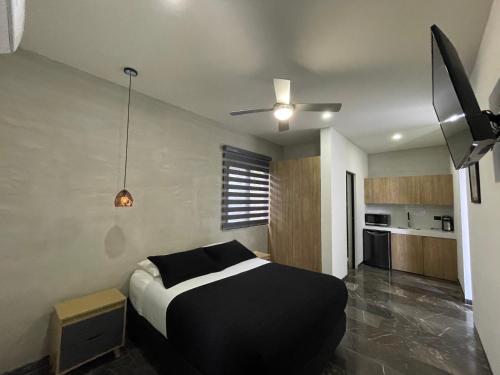 梅里达Hotel Suites La Negra的一间卧室配有一张床和吊扇