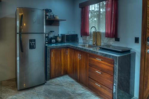 福尔图纳Conejo's Loft, River View, Full privacy and nature的厨房配有不锈钢冰箱和木制橱柜