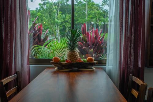 福尔图纳Conejo's Loft, River View, Full privacy and nature的窗户前的桌子上放着一碗水果