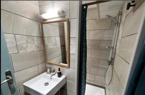 圣保罗Le Ruisseau的浴室配有盥洗盆和带镜子的淋浴