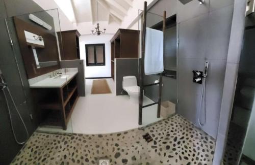 BequiaLux Villa w/ Stunning Panoramic Ocean Views的带淋浴、卫生间和盥洗盆的浴室