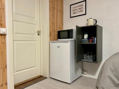 特隆赫姆Simple room的门边冰箱上的一个微波炉