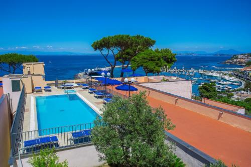 伊斯基亚Hotel Terme Cristallo Palace & Beach的享有水景的带游泳池的度假酒店