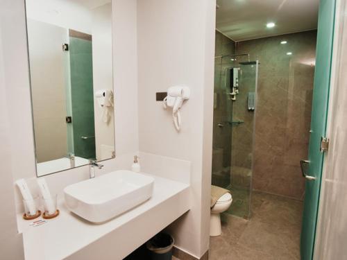 马里韦莱斯Casa Veles Hotel的白色的浴室设有水槽和淋浴。
