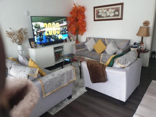 埃德蒙顿Residential property的客厅配有两张沙发和一台电视