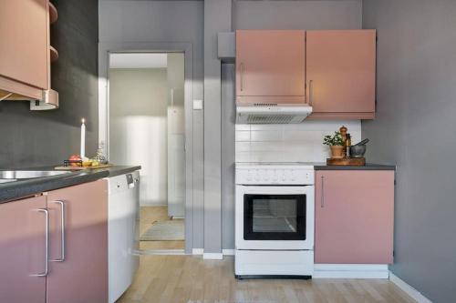 海宁格松Cozy 2-Bedroom Apartment - Free Parking的厨房配有粉色橱柜和白色烤箱