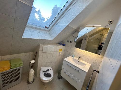 吕本瑙Ferienhaus Berndt im Spreewald的浴室设有卫生间和带天窗的盥洗盆。