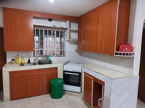 KisiiA Lovely smart family guest house的厨房配有木制橱柜、水槽和炉灶。