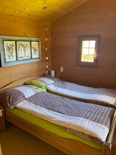菲施Alphütte Bielerhüs的小木屋内的两张床,设有两扇窗户