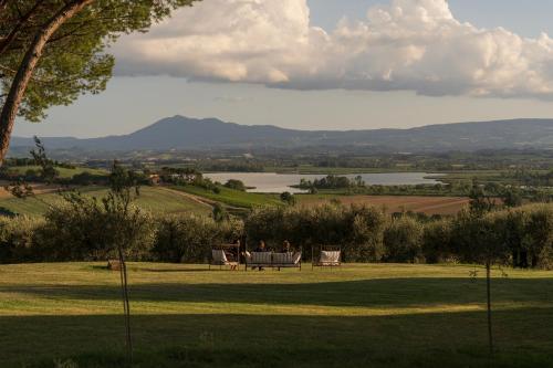 PozzuoloVilla Cozzano的一个带长凳的公园,享有湖景