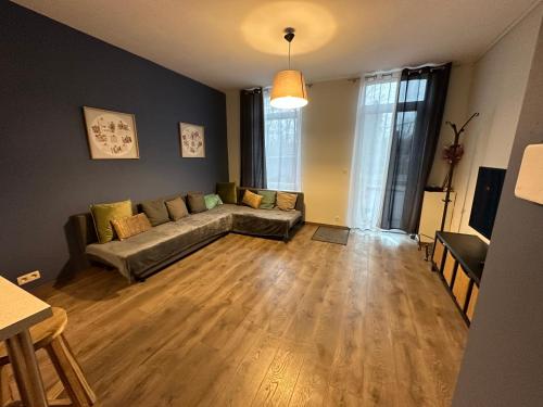 Flémalle-GrandeLFA Charmante maison de ville的带沙发和木地板的客厅