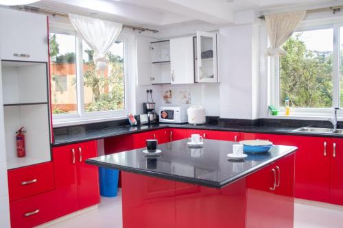 内罗毕4bedroom westlands raphta Nairobi的红色的厨房,配有黑色的台面和红色的橱柜